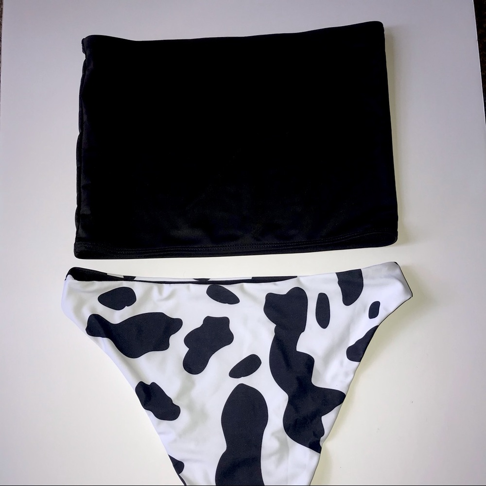Shein Cow Print Bikini Bottom with Black Bandeau Top